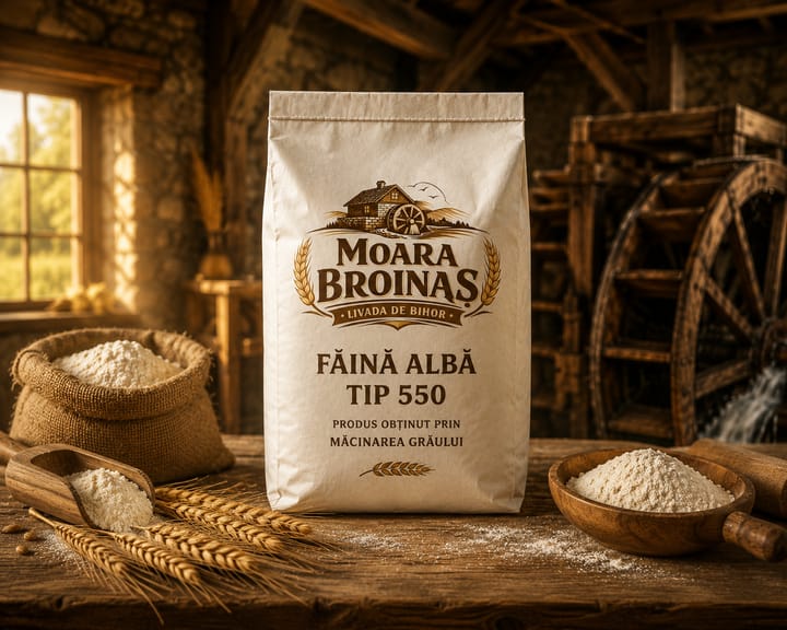 Ambalaj de făină albă tip 550 Moara Broinaș, lângă un bol cu făină și spice de grâu
