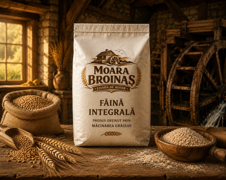 Ambalaj de făină integrală Moara Broinaș, lângă un bol cu făină și spice de grâu