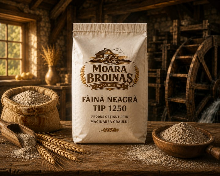 Ambalaj de făină neagră tip 1250 Moara Broinaș, lângă un bol cu făină și spice de grâu